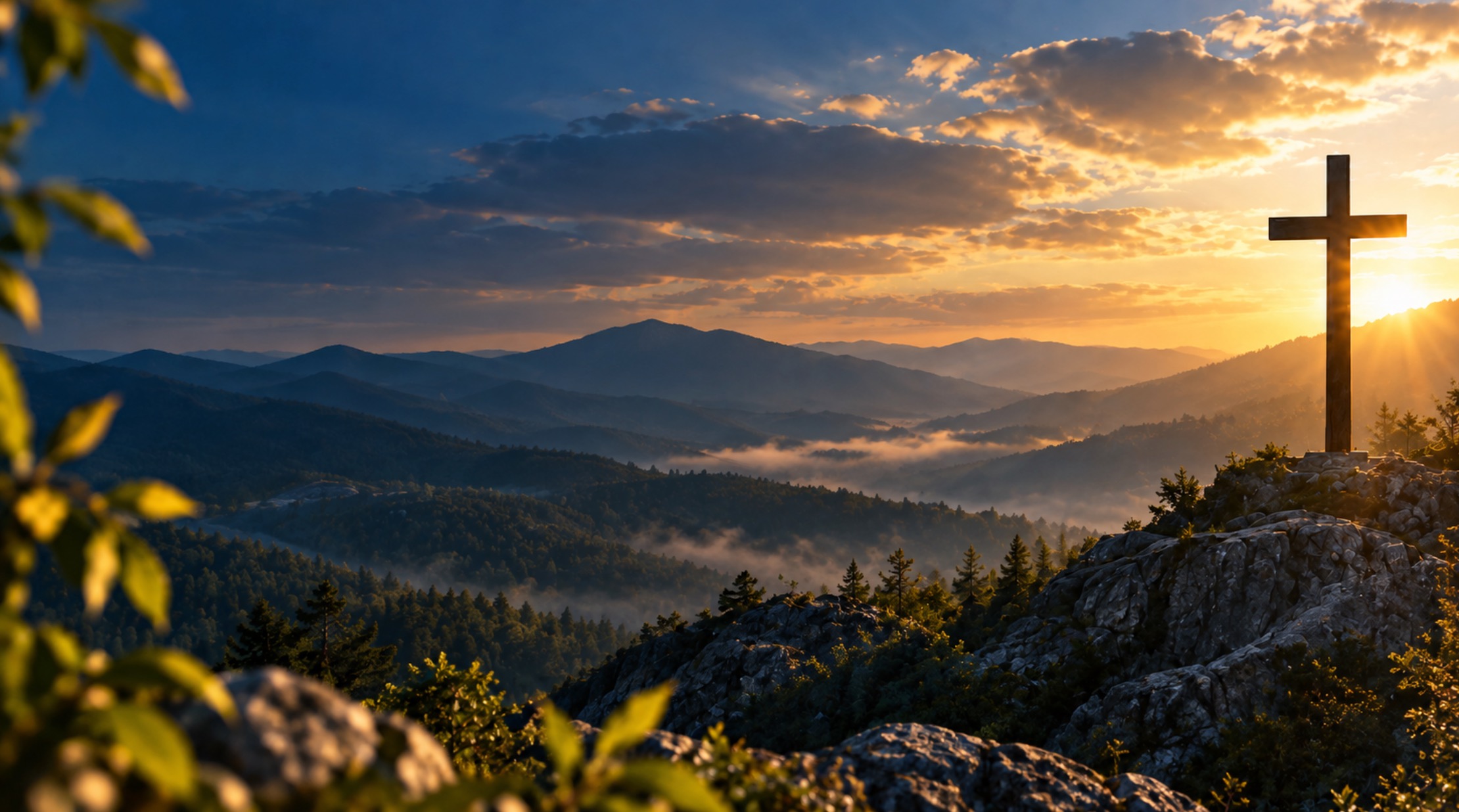 Cruz sobre las montañas al amanecer